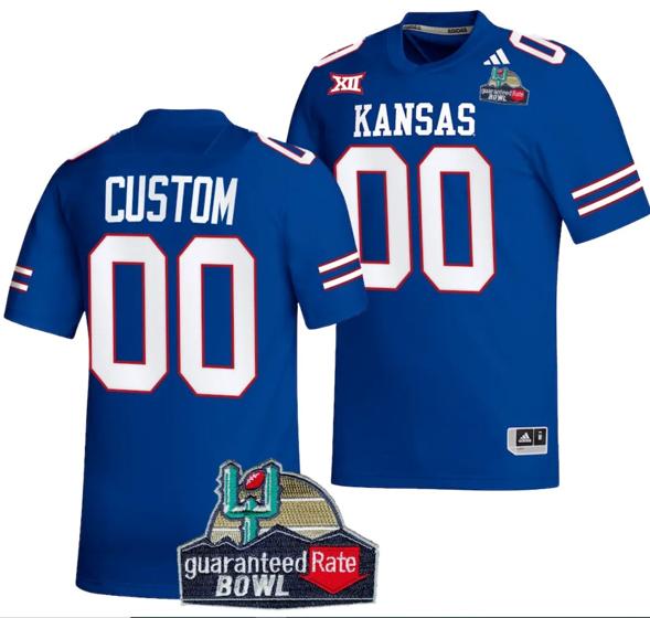 Men's Custom Kansas Jayhawks Jersey Name and Number 2023 Guaranteed Rate Bowl Champs Football Royal