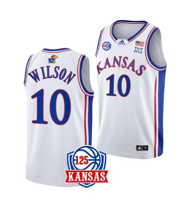 Men's Men's #10 Jalen Wilson Jersey Kansas Jayhawks College Basketball Jerseys White