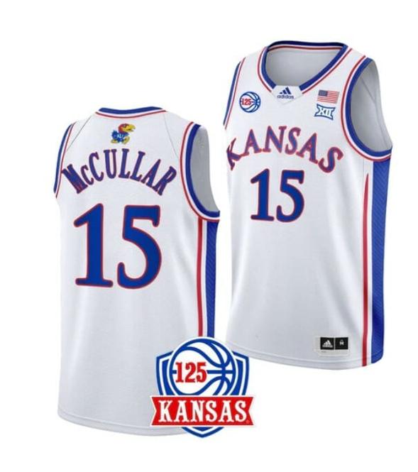 Men's Men's #15 Kevin McCullar Jr Jersey Kansas Jayhawks College Basketball Jerseys White