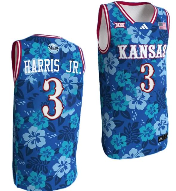 Men's Dajuan Harris Jr Jersey #3 Kansas Jayhawks Bill Self Game College Basketball Blue Maui Strong