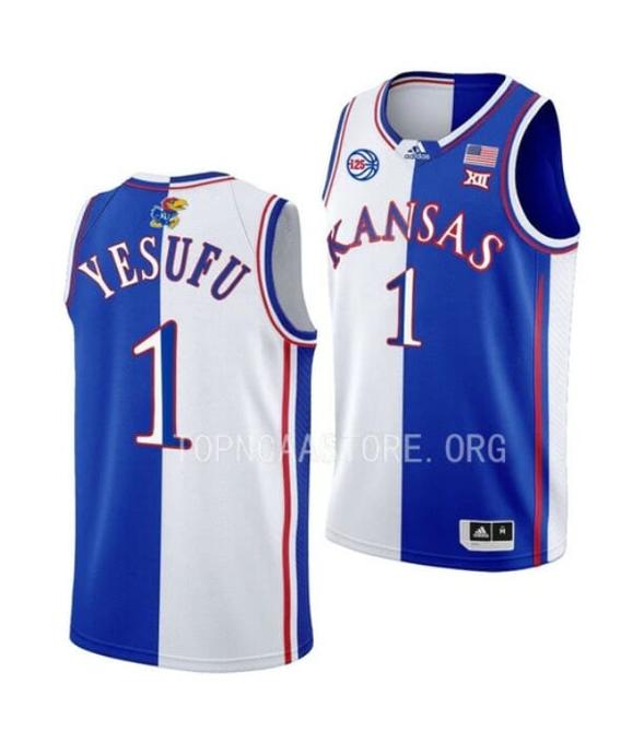 Men's Men's #1 Joseph Yesufu Jersey Kansas Jayhawks College Basketball Jerseys Blue White Split