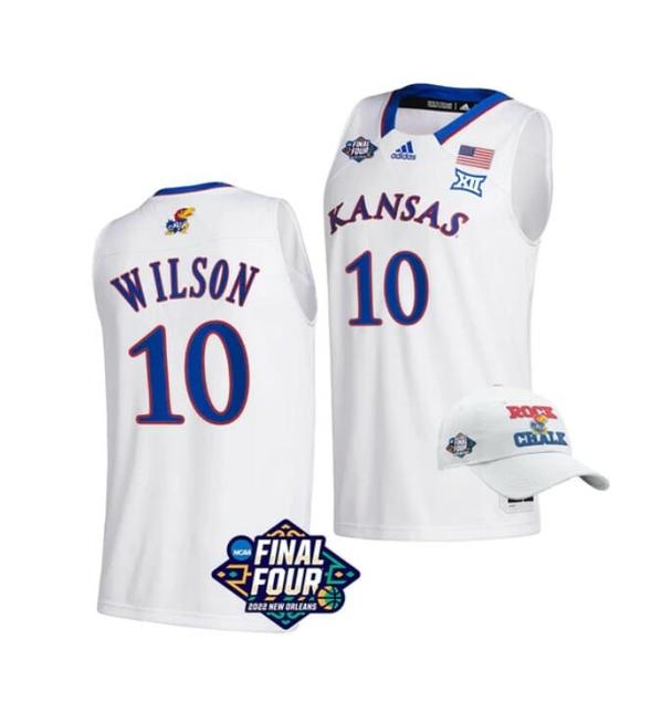 Men's Men's #10 Jalen Wilson Jersey Kansas Jayhawks College Basketball Jerseys March Madness Final Four White