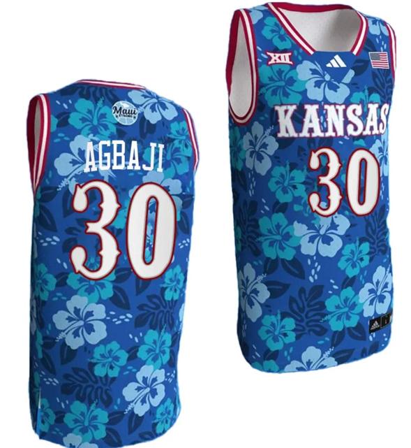 Men's Ochai Agbaji Jersey #30 Kansas Jayhawks Bill Self Game College Basketball Blue Maui Strong