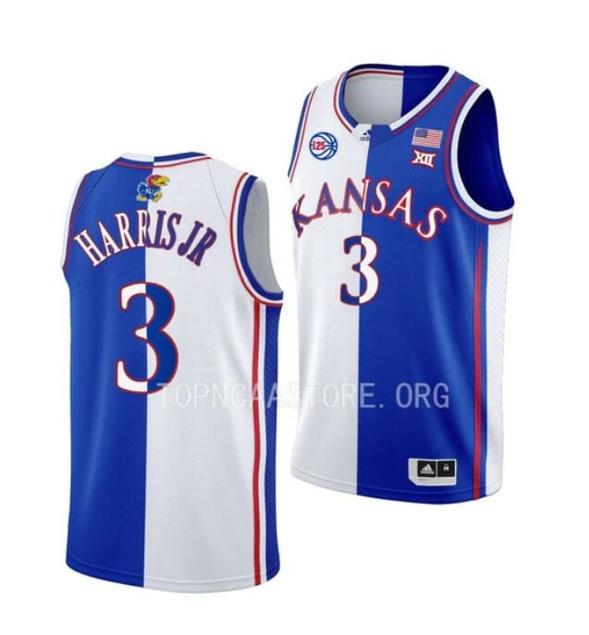 Men's Men's #3 Dajuan Harris Jr Jersey Kansas Jayhawks College Basketball Jerseys White Royal Split