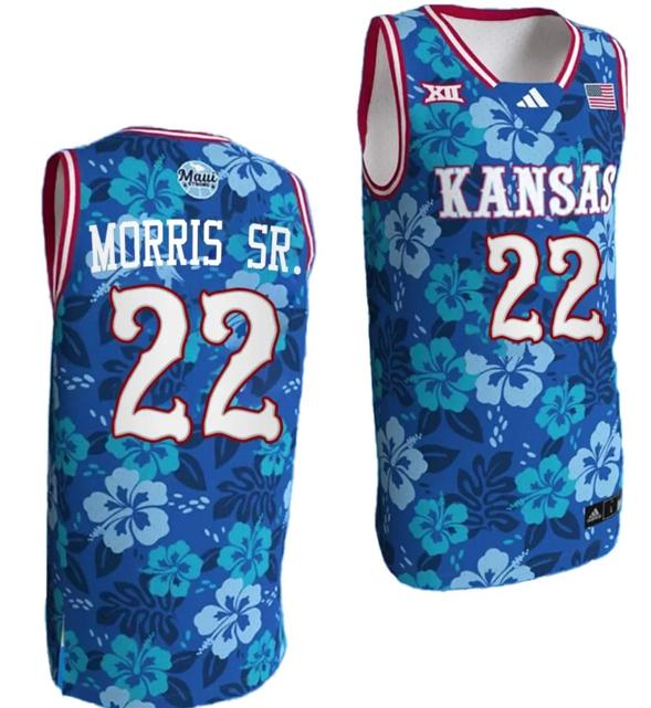 Men's Marcus Morris Sr Jersey #22 Kansas Jayhawks Bill Self Game College Basketball Blue Maui Strong