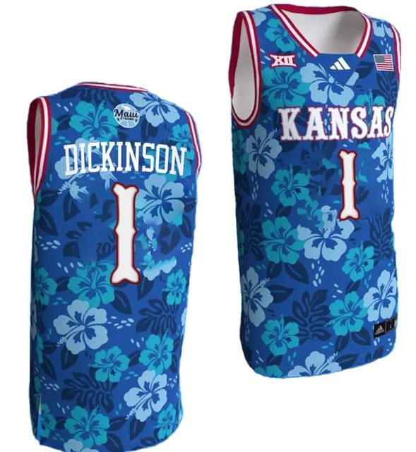 Men's Hunter Dickinson Jersey #1 Kansas Jayhawks Bill Self Game College Basketball Blue Maui Strong