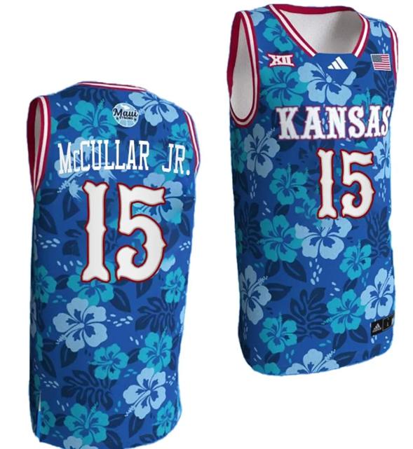 Men's Kevin McCullar Jr Jersey #15 Kansas Jayhawks Bill Self Game College Basketball Blue Maui Strong