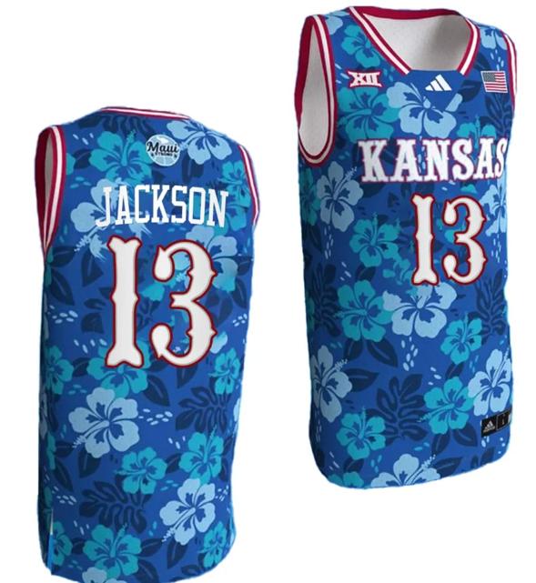 Men's Elmarko Jackson Jersey #13 Kansas Jayhawks Bill Self Game College Basketball Blue Maui Strong