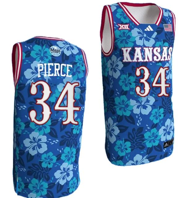 Men's Paul Pierce Jersey #34 Kansas Jayhawks Bill Self Game College Basketball Blue Maui Strong