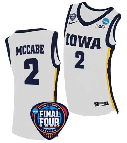 Men's Taylor McCabe Jersey #2 Iowa Hawkeyes Basketball 2024 NCAA March Madness Final Four White