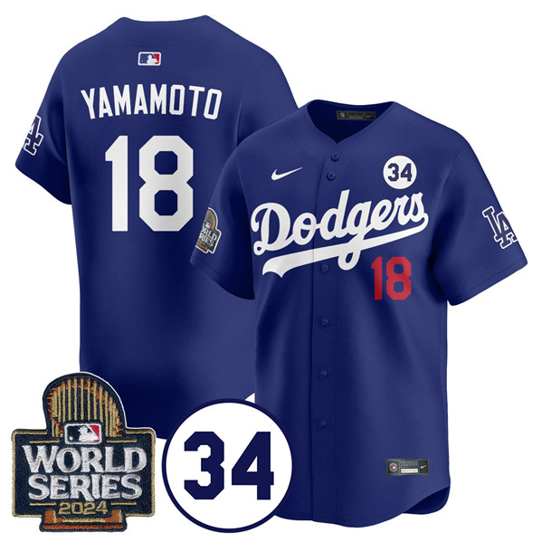 Men's Los Angeles Dodgers #18 Yoshinobu Yamamoto Royal 2024 World Series With No. 34 Patch Limited Stitched Baseball Jersey