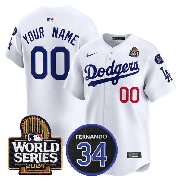 Men's Los Angeles Dodgers Active Player Custom White 2024 World Series With No. 34 Patch Limited Cool Base Stitched Baseball Jersey