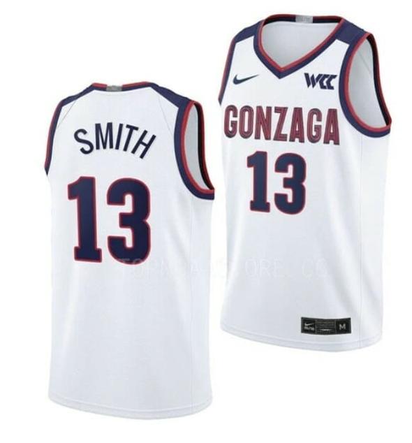 Men's #13 Malachi Smith Gonzaga Bulldogs College Basketball Jerseys White