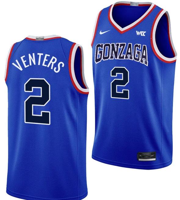 Men's Steele Venters Jersey #2 Gonzaga Bulldogs Throwback Basketball uniform 2023-24 Blue