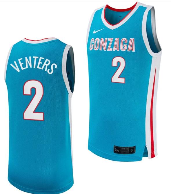 Men's Steele Venters Jersey #2 Gonzaga Bulldogs College Basketball uniform 2023-24 Turquoise