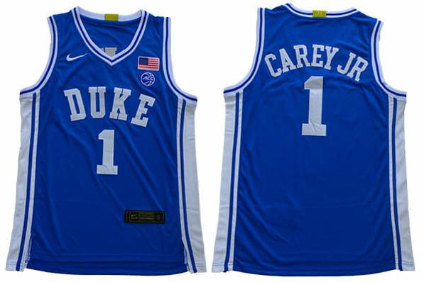 Men's Duke Blue Devils #1 Carey jr Basketball NCAA Basketball Jersey Blue