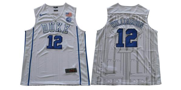 Men's Duke Blue Devils #12 Williamson Basketball NCAA Basketball Jersey White