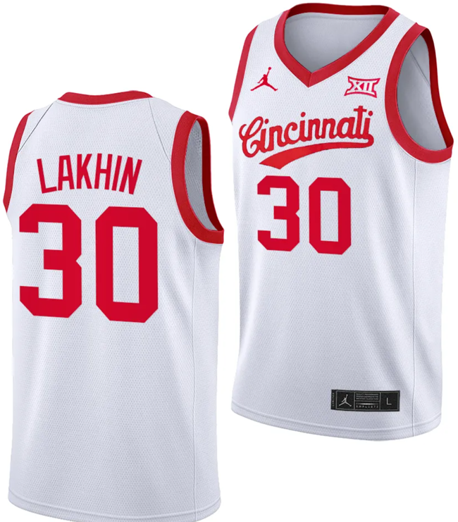 Men's Viktor Lakhin Jersey #30 Cincinnati Bearcats 70s Throwback Basketball White