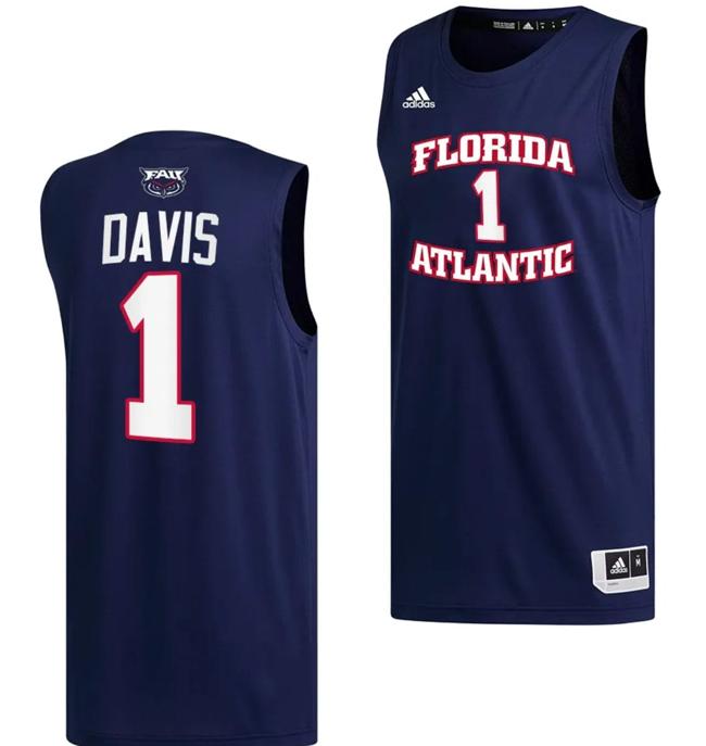 Men's Johnell Davis Jersey #1 FAU Florida Atlantic Owls College Basketball Replica Navy