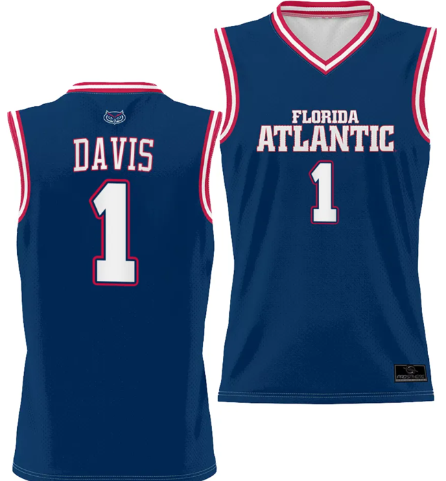 Men's Johnell Davis Jersey #1 FAU Florida Atlantic Owls Full Sublimated Alternate Basketball Navy