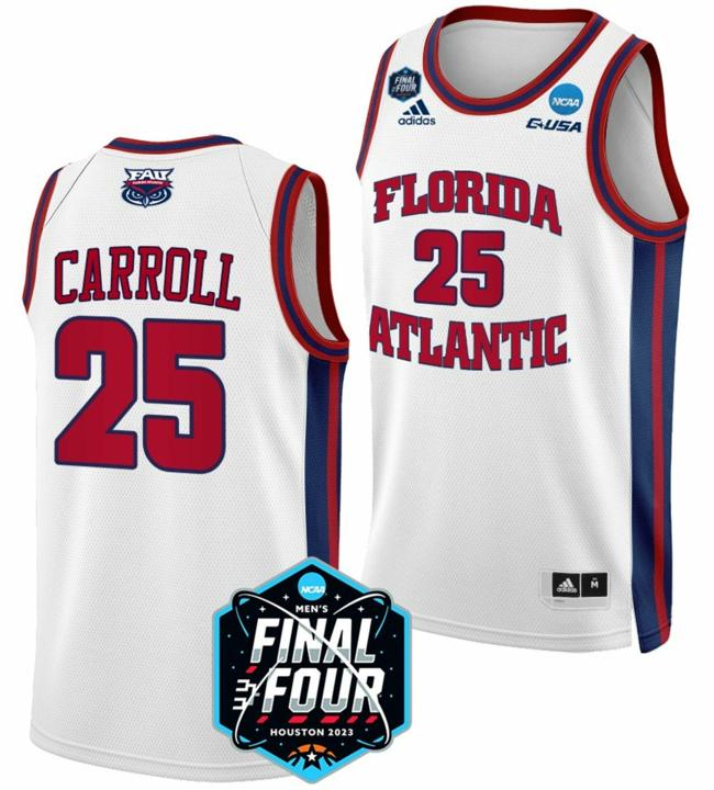 Men's Tre Carroll Jersey FAU Florida Atlantic Owls College Basketball 2023 NCAA Final Four White #25