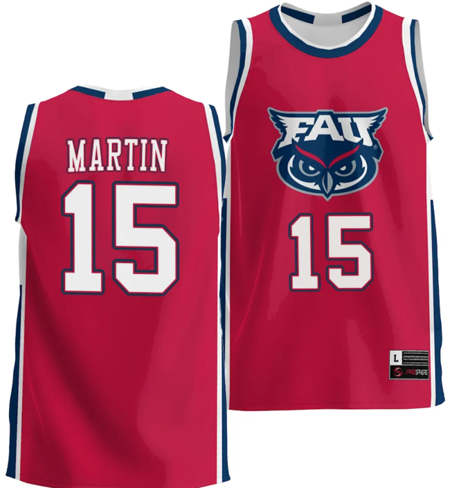 Men's Alijah Martin Jersey #15 FAU Florida Atlantic Owls NIL Basketball Lightweight Red