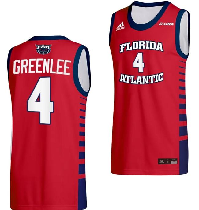 Men's Bryan Greenlee Jersey #4 FAU Florida Atlantic Owls College Basketball Replica Red