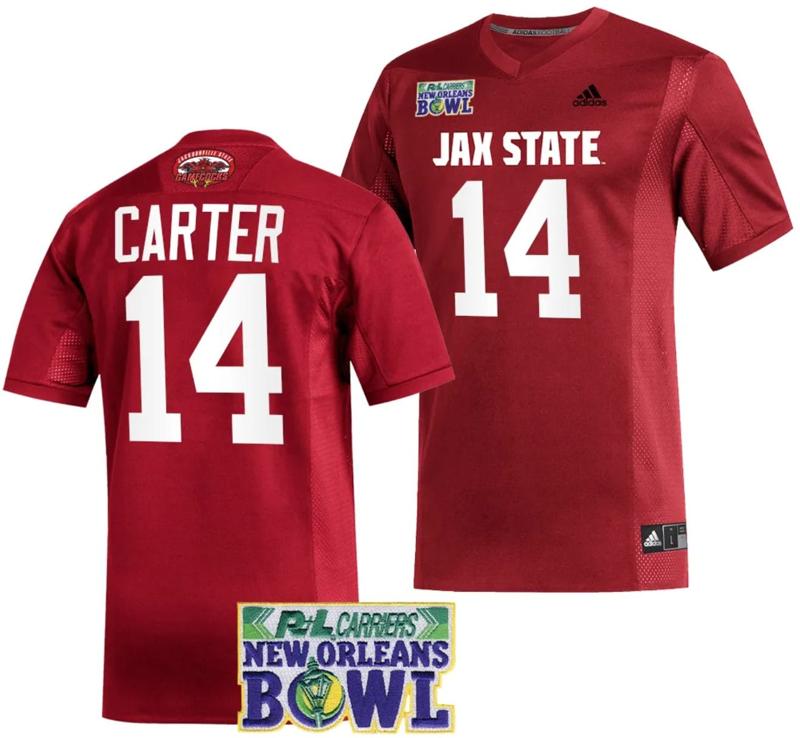 Men's Adidas Perry Carter Jersey #14 Jacksonville State Gamecocks 2023 New Orleans Bowl Patch Football Red