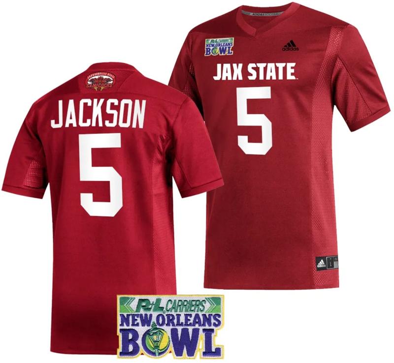 Men's Adidas Malik Jackson Jersey #5 Jacksonville State Gamecocks 2023 New Orleans Bowl Patch Football Red