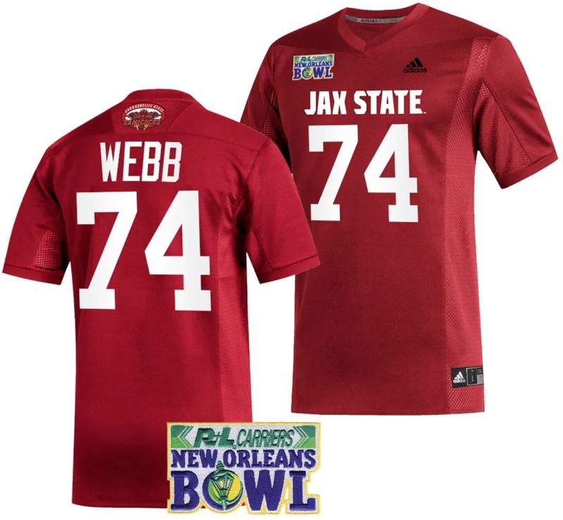 Men's Adidas Clay Webb Jersey #74 Jacksonville State Gamecocks 2023 New Orleans Bowl Patch Football Red