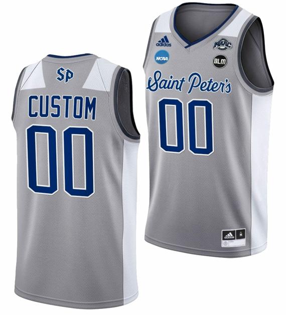 Custom Men's Adidas Saint Peter's Peacocks Grey Jersey Name and Number College Basketball 2022 NCAA March Madness