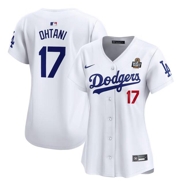 Women's Los Angeles Dodgers #17 Shohei Ohtani White 2024 World Series Home Limited Stitched Baseball Jersey(Run Small)