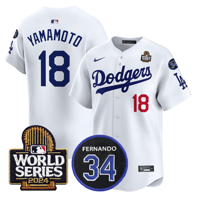 Men's Los Angeles Dodgers #18 Yoshinobu Yamamoto White 2024 World Series With Fernando Memorial Patch Limited Stitched Baseball Jersey