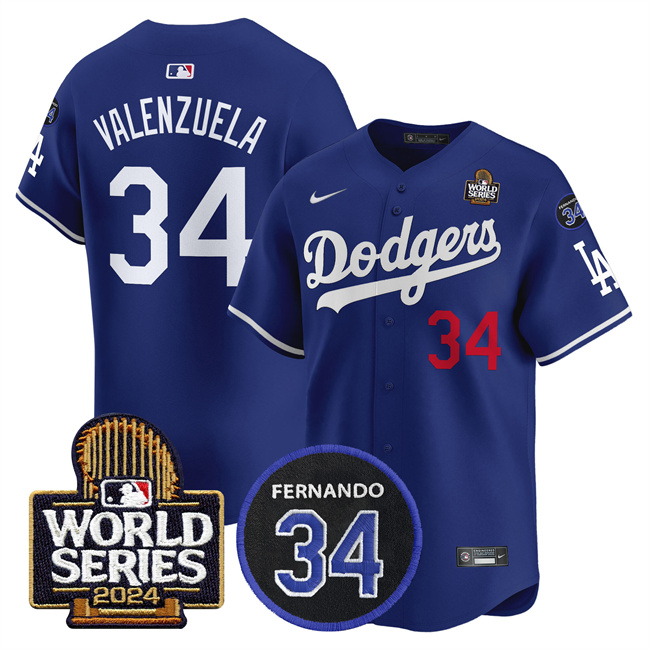 Men's Los Angeles Dodgers #34 Toro Valenzuela Royal 2024 World Series With Fernando Memorial Patch Limited Stitched Baseball Jersey