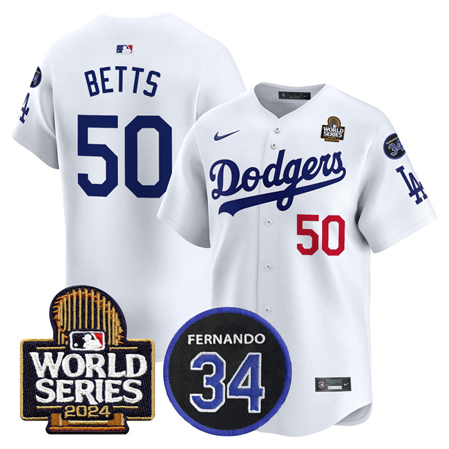 Men's Los Angeles Dodgers #50 Mookie Betts White 2024 World Series With Fernando Memorial Patch Limited Stitched Baseball Jersey