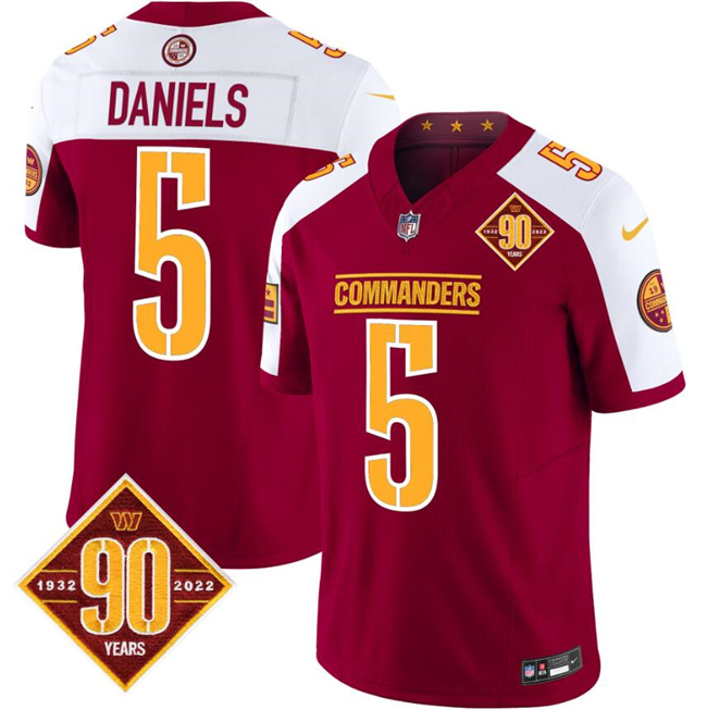 Men's Washington Commanders #5 Jayden Daniels Burgundy_White 2023 F.U.S.E. 90th Anniversary Vapor Limited Stitched Football Jersey