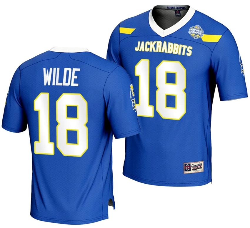 Men's Griffin Wilde Jersey #18 South Dakota State Jackrabbits 2023 FCS Football National Champions Blue