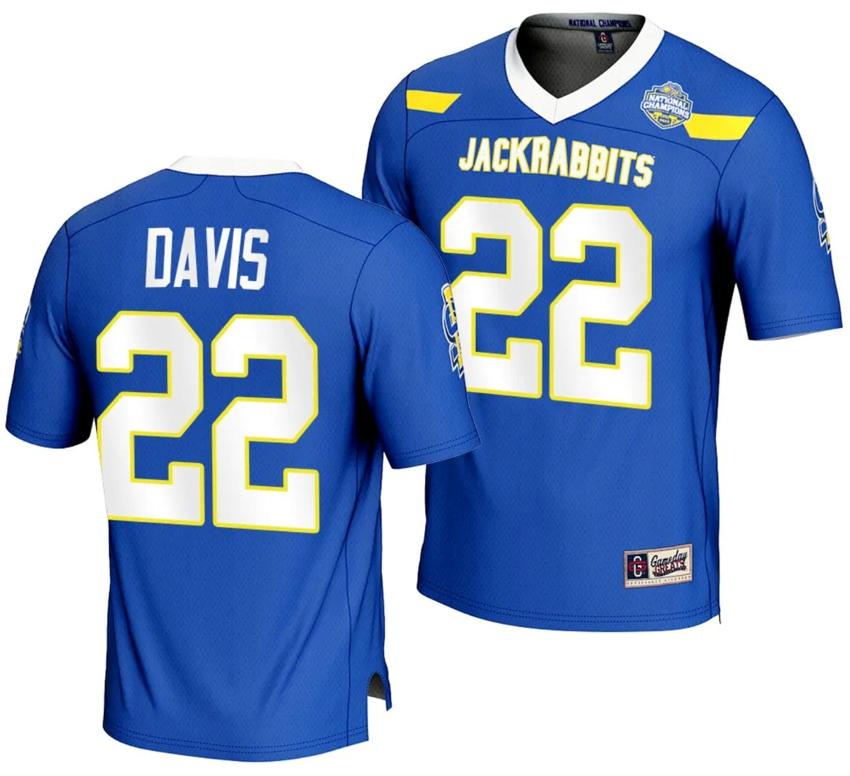 Men's Isaiah Davis Jersey #22 South Dakota State Jackrabbits 2023 FCS Football National Champions Blue