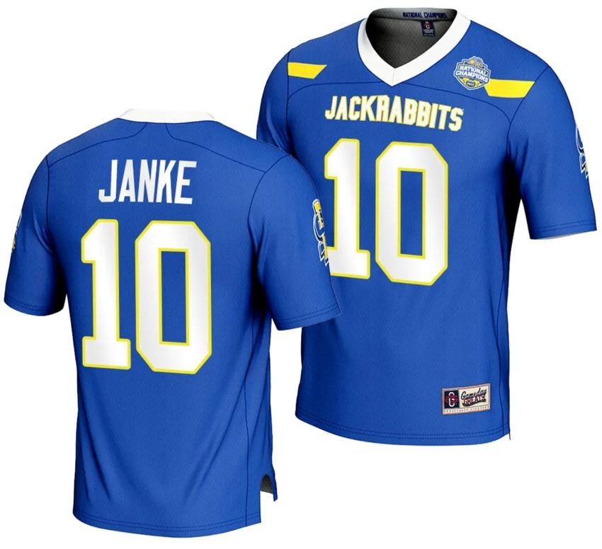 Men's Jaxon Janke Jersey #10 South Dakota State Jackrabbits 2023 FCS Football National Champions Blue