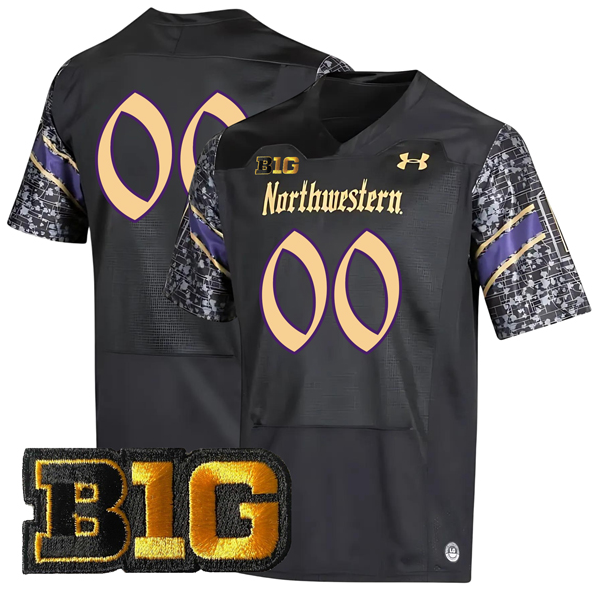 Custom Men's Northwestern Wildcats Under Armour With Big Ten Patch Black Gothic Alternate Game College Football Stitched Jersey