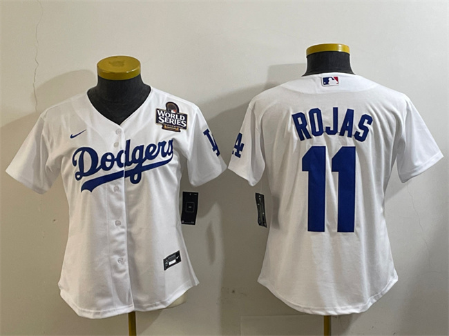 Women's Los Angeles Dodgers #11 Miguel Rojas White 2024 World Series Cool Base Stitched Baseball Jersey(Run Small)