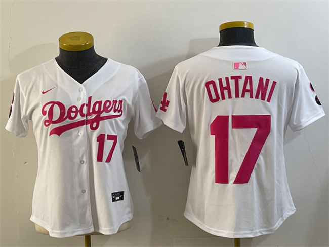 Youth Los Angeles Dodgers #17 Shohei Ohtani White Pink Vin & Kobe Patch Limited Stitched Baseball Jersey