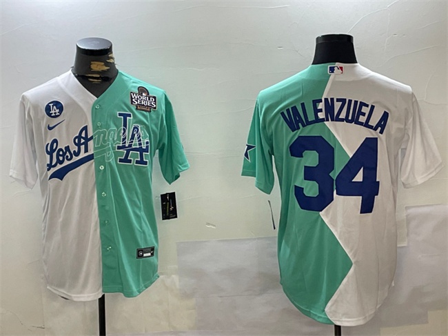 Men's Los Angeles Dodgers #34 Toro Valenzuela White_Green Split 2024 World Series All-Star Cool Base Stitched Baseball Jersey