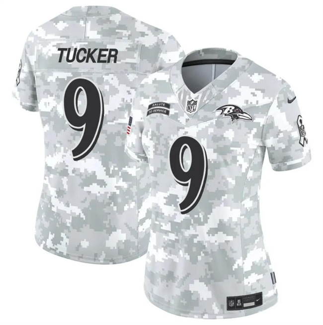 Women's Baltimore Ravens #9 Justin Tucker 2024 F.U.S.E Arctic Camo Salute to Service Limited Stitched Football Jersey(Run Small)