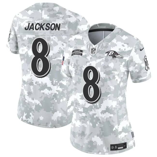 Women's Baltimore Ravens #8 Lamar Jackson 2024 F.U.S.E Arctic Camo Salute to Service Limited Stitched Football Jersey(Run Small)