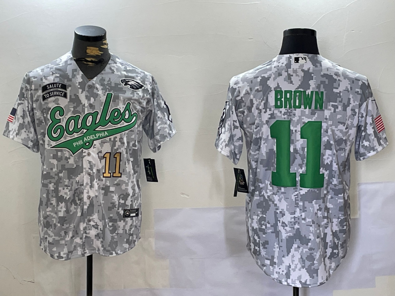 Men's Philadelphia Eagles #11 AJ Brown Arctic Camo 2024 Salute to Service Stitched Baseball Jerseys