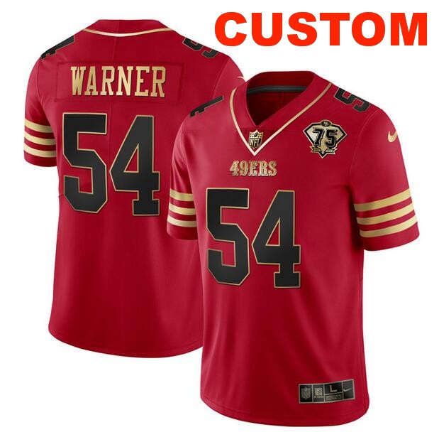 Men's San Francisco 49ers Customized Red Gold With 75th Anniversary Patch Stitched Football Jersey