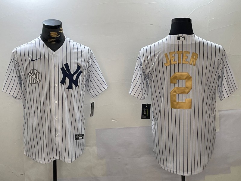 Men's New York Yankees #2 Derek Jeter White Pinstripe Fashion Cool Base Jersey