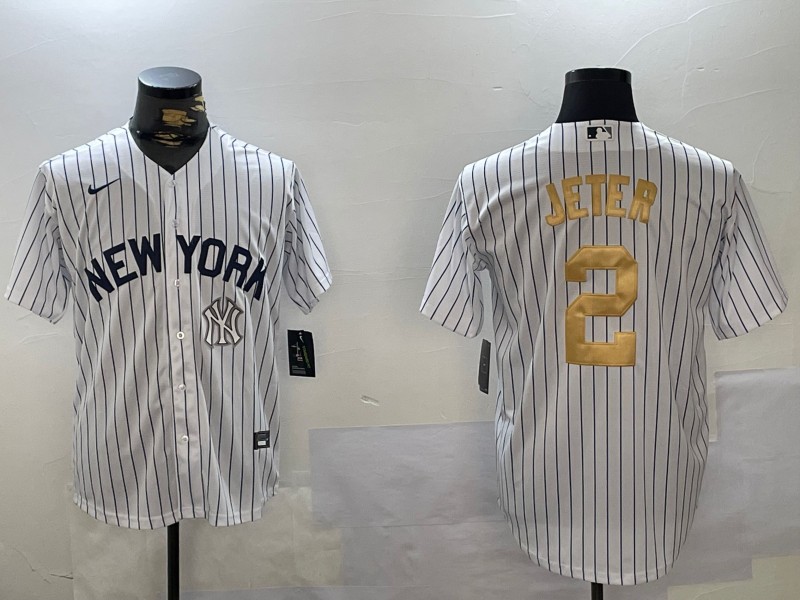 Men's New York Yankees #2 Derek Jeter White Pinstripe Fashion Cool Base Jersey