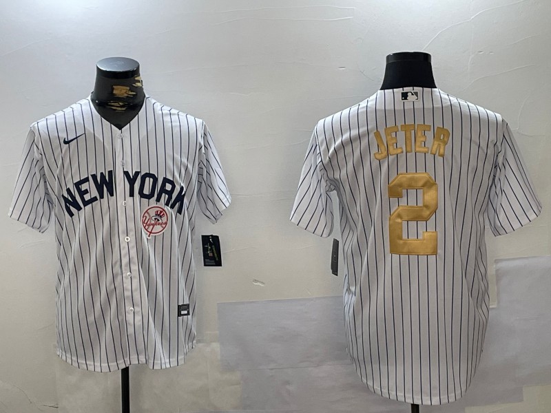 Men's New York Yankees #2 Derek Jeter White Pinstripe Fashion Cool Base Jersey